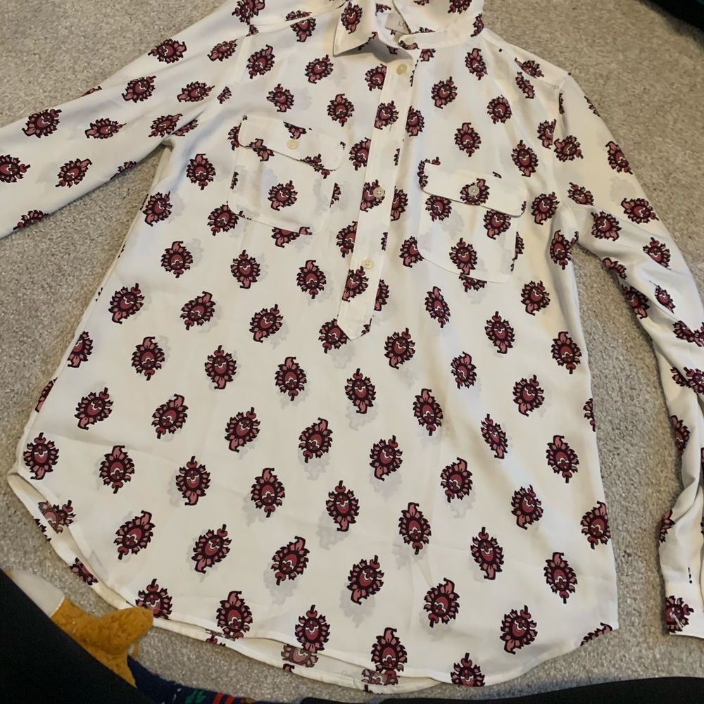 formal white button down pink pattern blouse